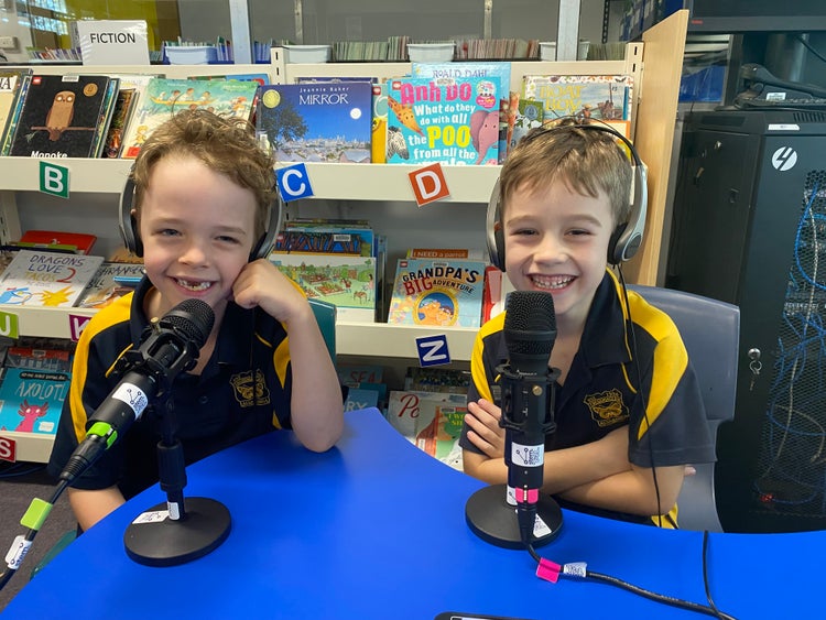K-2 students using podcasting equipment