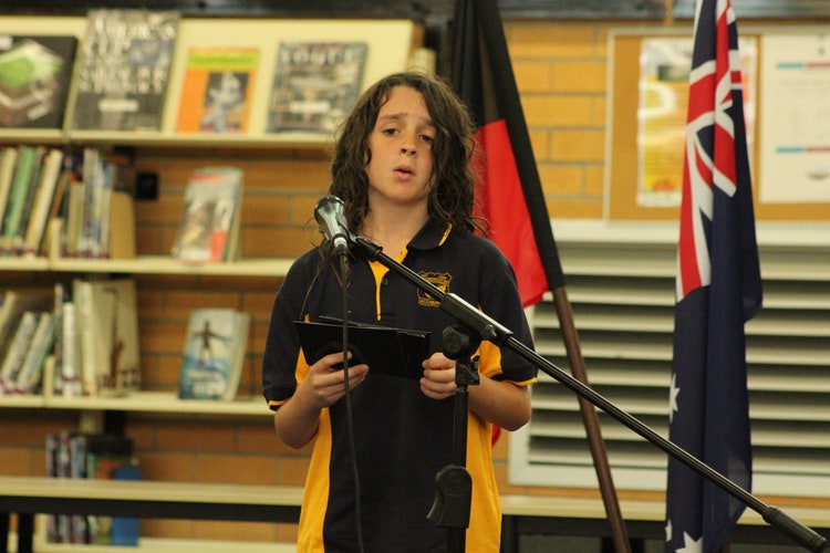 A Stage 2 student presenting his speech at the Bongil Bongil Public Speaking event